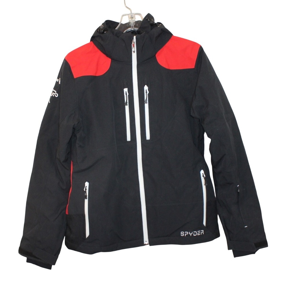 Spyder ski jacket 12 black red American Airlines Celebrity Ski thinsulate hooded